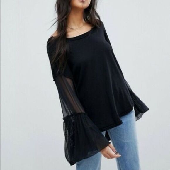 Free People Witchy Grunge Black Mesh Bell Sleeve Still Got It Blouse Oversized - Picture 1 of 7